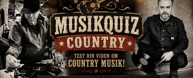 Promotional banner for a country music quiz featuring two men (DJ at turntable and vinyl player) with rustic wood background and guitar motif.