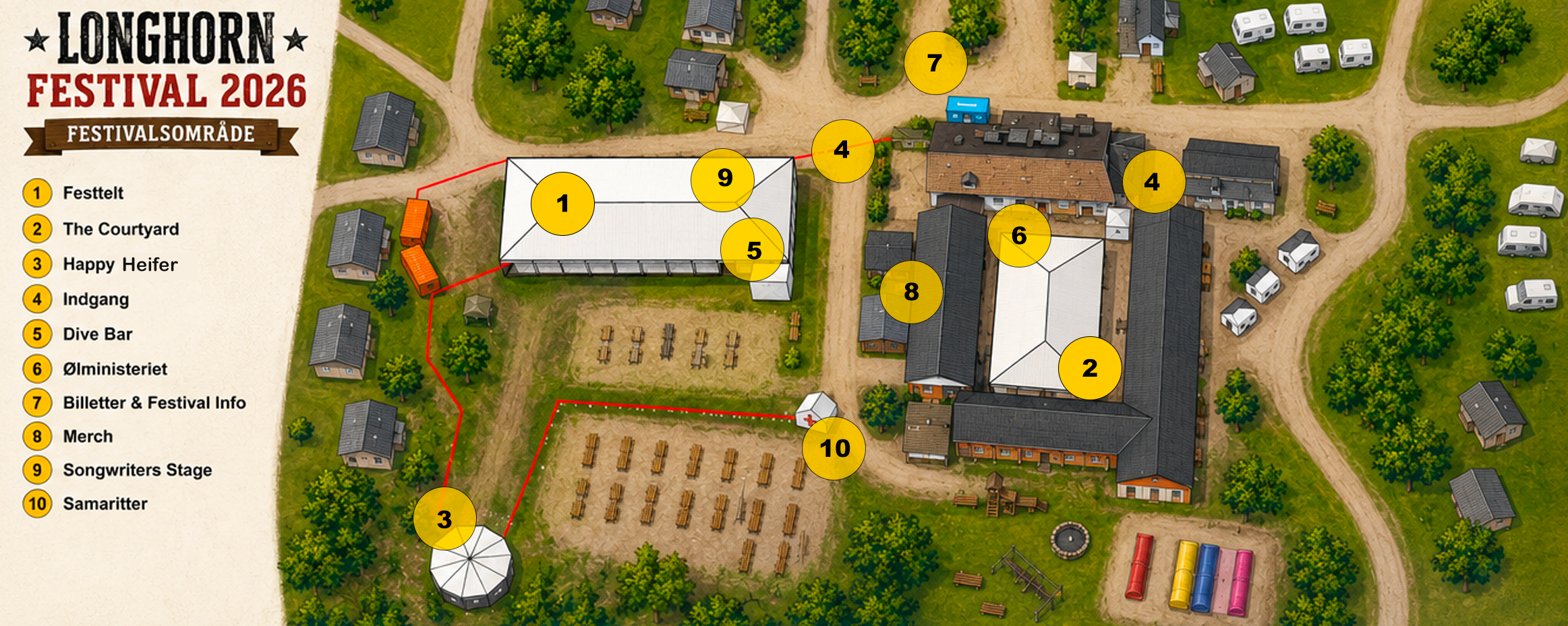 Grafisk-2-Kort-over-Festivalsområde - Longhorn Festival Festival site map for Longhorn Festival 2026 showing numbered points of interest and a legend of ten areas (tents, courtyards, entrances, merch, info, etc.).