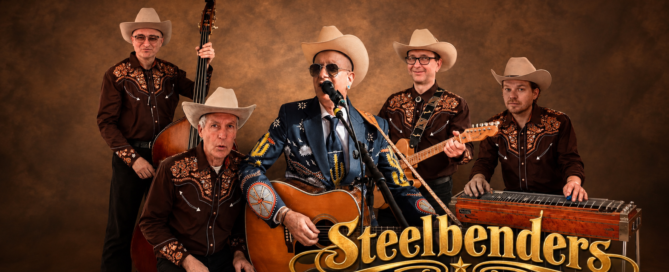 Five-member country band Steelbenders posing with instruments on a warm brown backdrop; frontman sings into a mic while playing guitar, others with bass, guitar, and steel guitar.