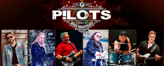 Promotional banner for PLOTS: Legacy of Music Road Pilots showing six band members performing beneath a fiery logo.